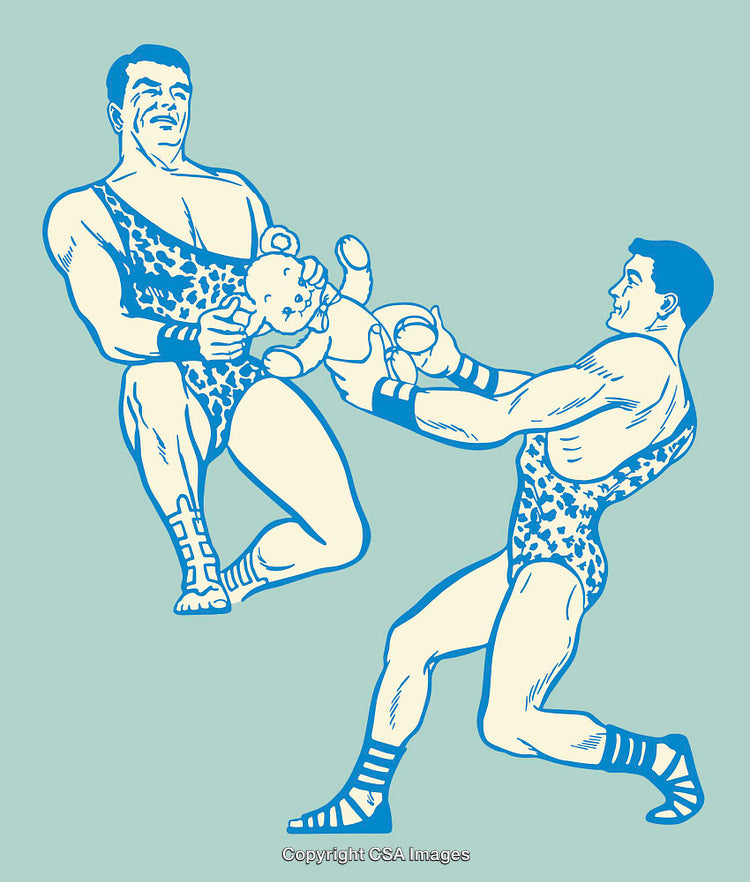 Humorous Wrestling Scene Featuring Bold Characters in Vintage Illustrated Style