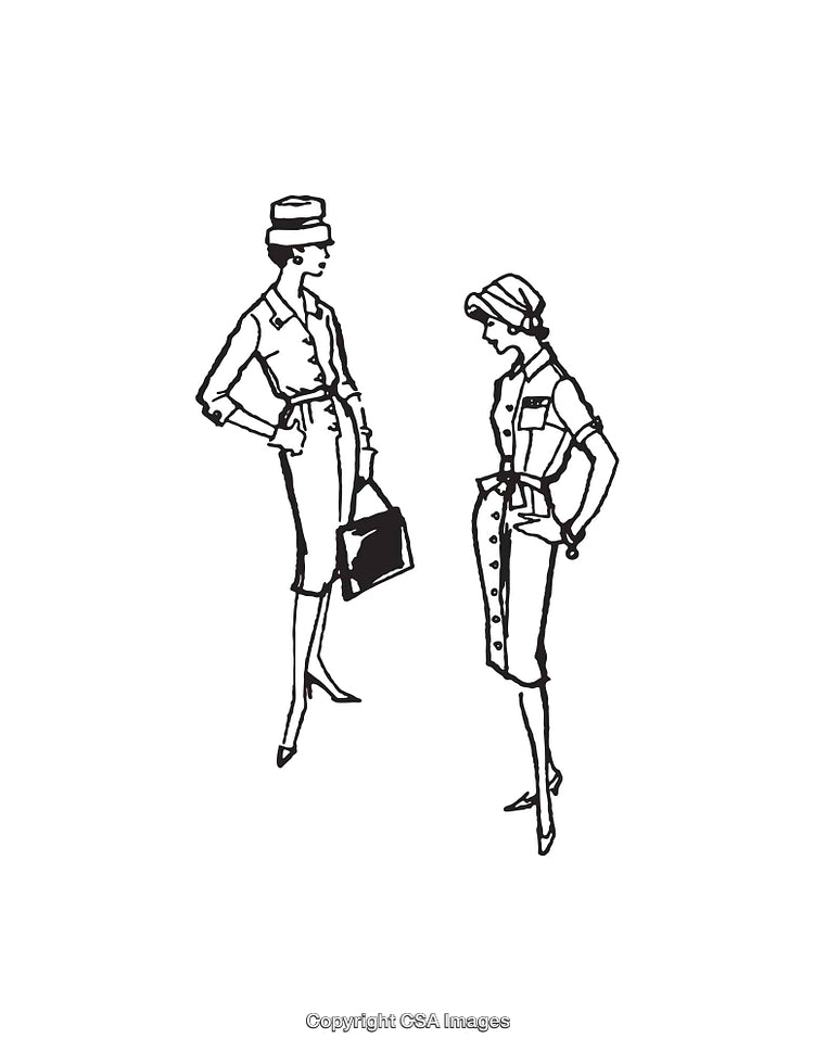 Illustration of Women in Vintage Business Attire in Line Art Style