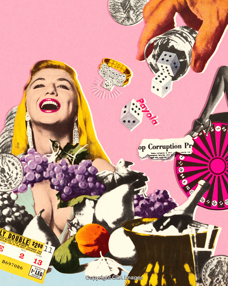 Surreal Retro Collage Celebrating Wealth, Glamour, and Chance