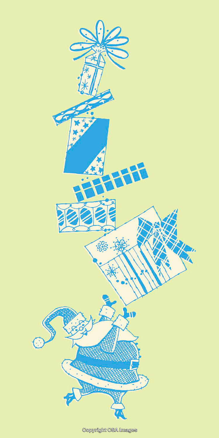 Santa Balancing Presents in Stack of Gift Boxes Illustration