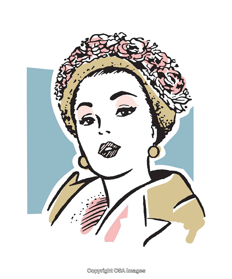 Colorful Illustration of Woman Wearing Floral Headpiece and Elegant Accessories