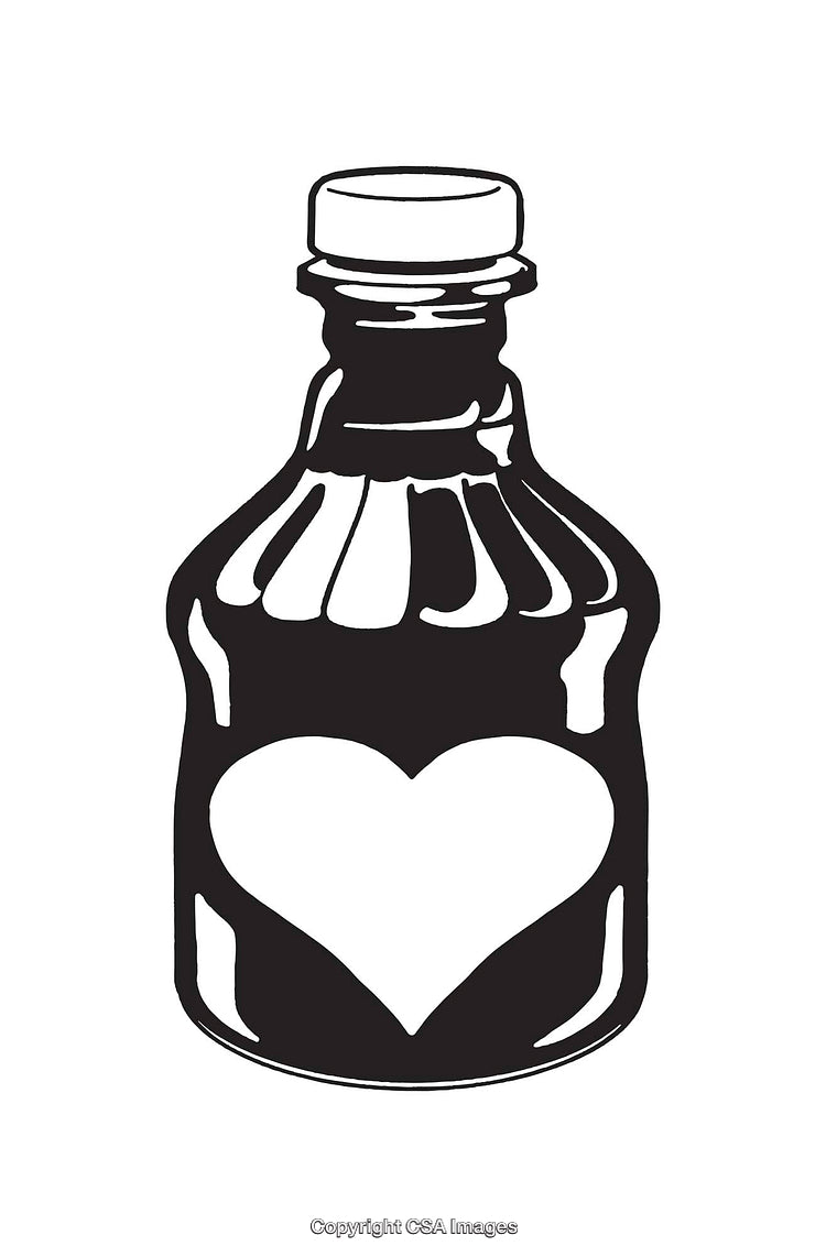 Black and White Line Art Illustration of Heart Shaped Bottle Design