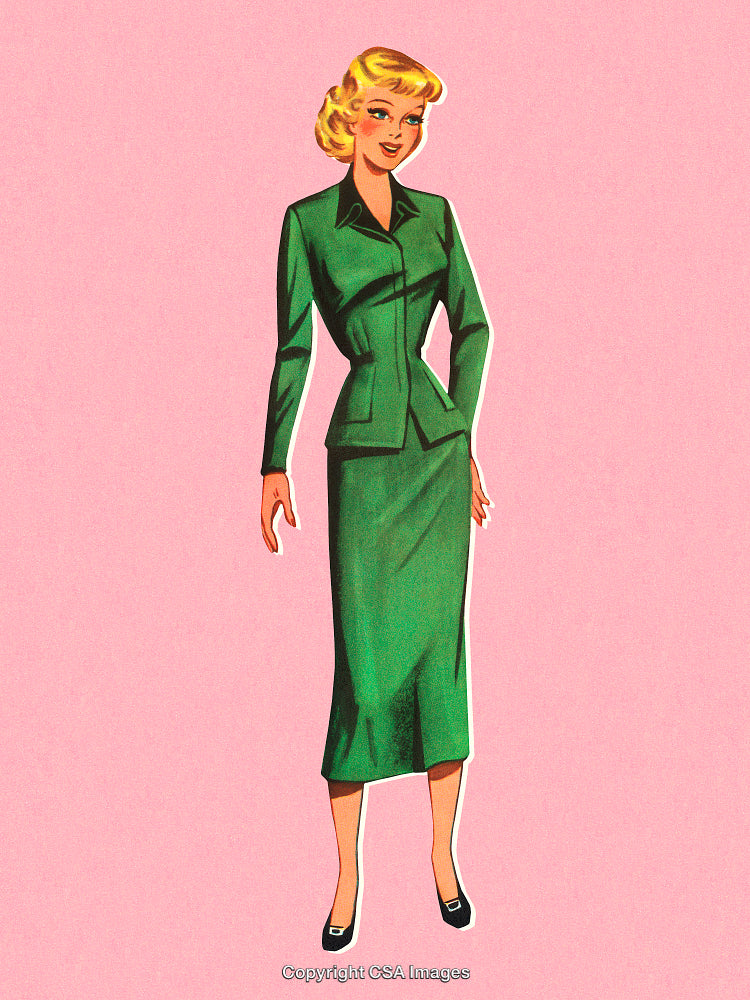Retro Illustration of a Stylish Woman in Green Suit on Pink Background
