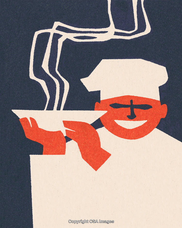 Smiling Chef Holding a Steaming Bowl of Food in Abstract Art Style