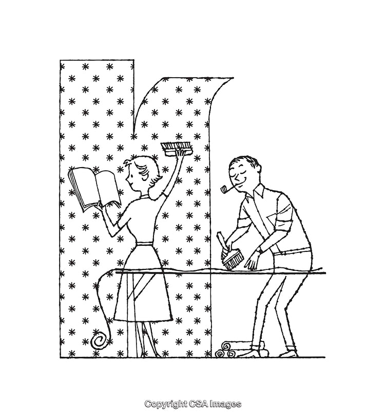Retro Line Art Illustration of Homemaking and Teamwork