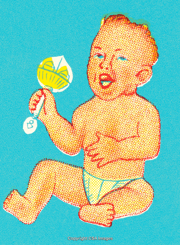 Retro Halftone Illustration of a Baby Holding a Rattle on Blue Background