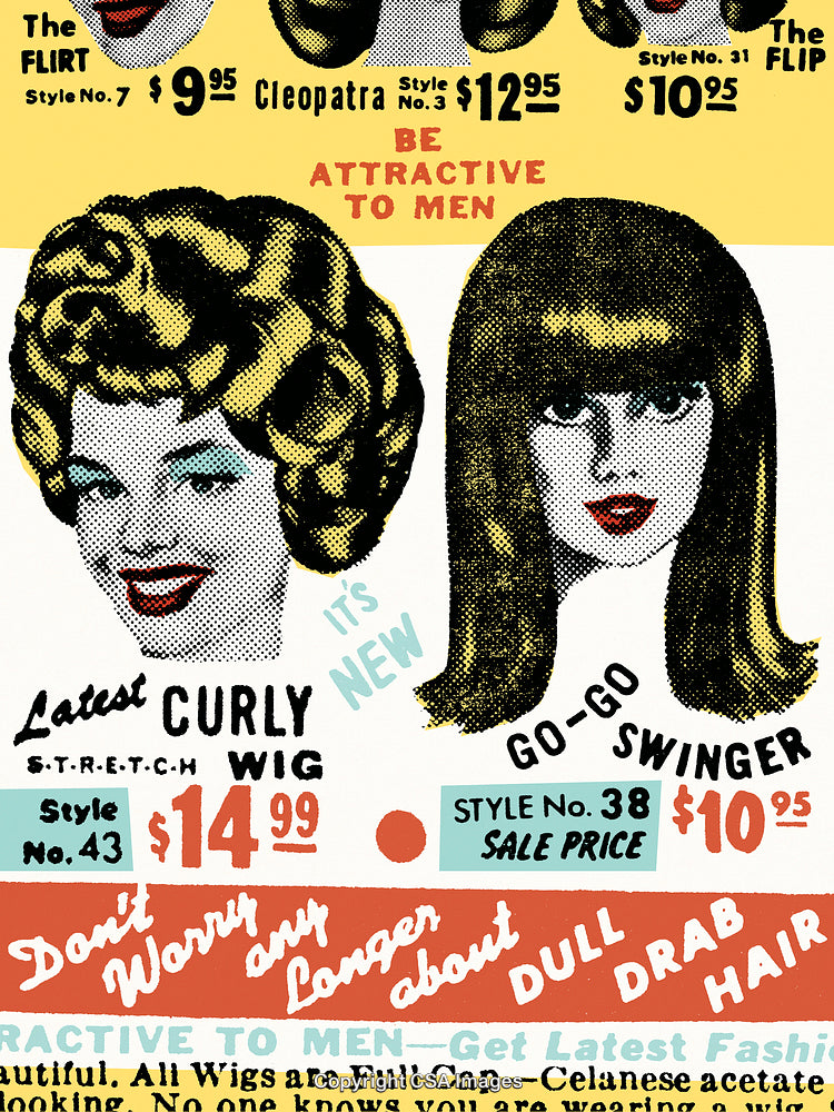 Vintage Advertisement Featuring Stylish Wigs and Retro Fashion Designs