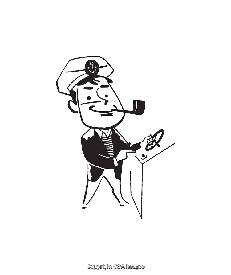 Vintage Style Line Art Illustration of a Captain at the Helm