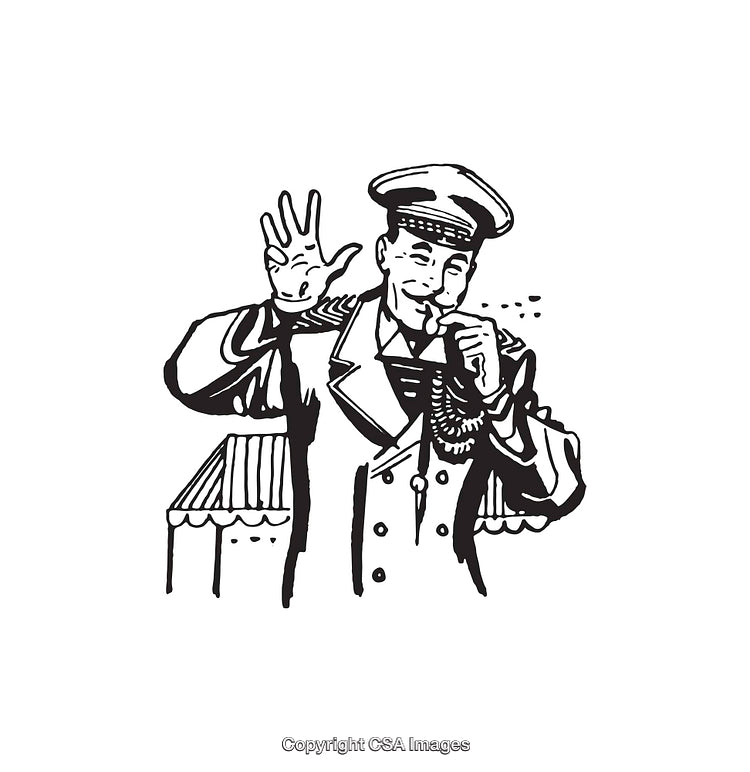 Vintage Line Art of Uniformed Male Figure With a Whistle and Gesture