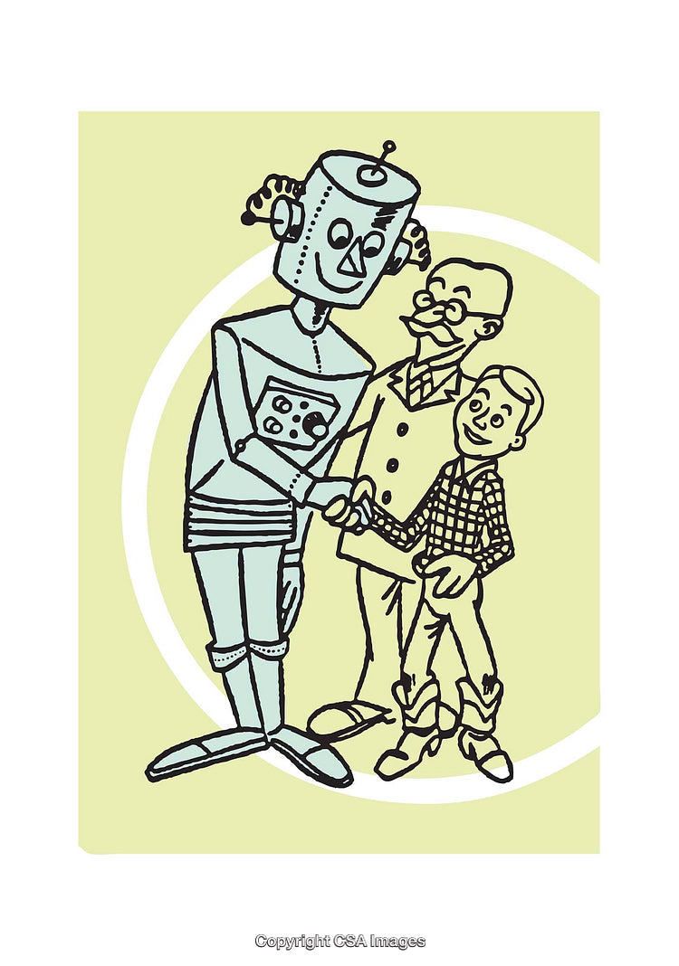 Robot Meeting Family in a Vintage Style Illustration