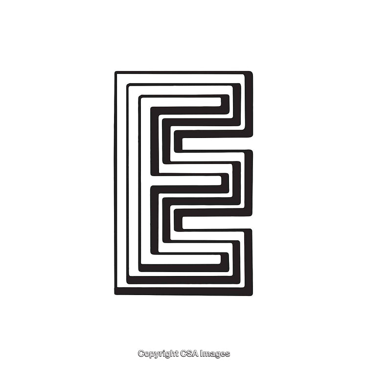 Intricate Black and White Letter E Illustration with Maze Design