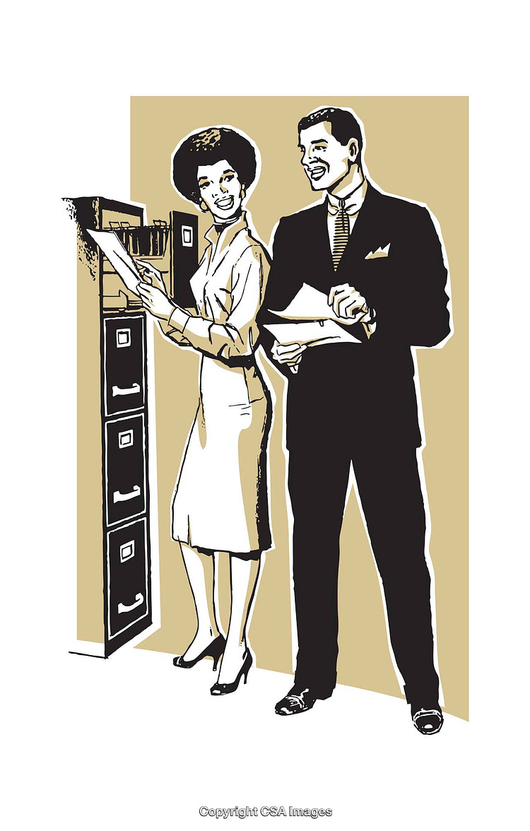 Retro Office Illustration Featuring Two Professionals Near a Filing Cabinet