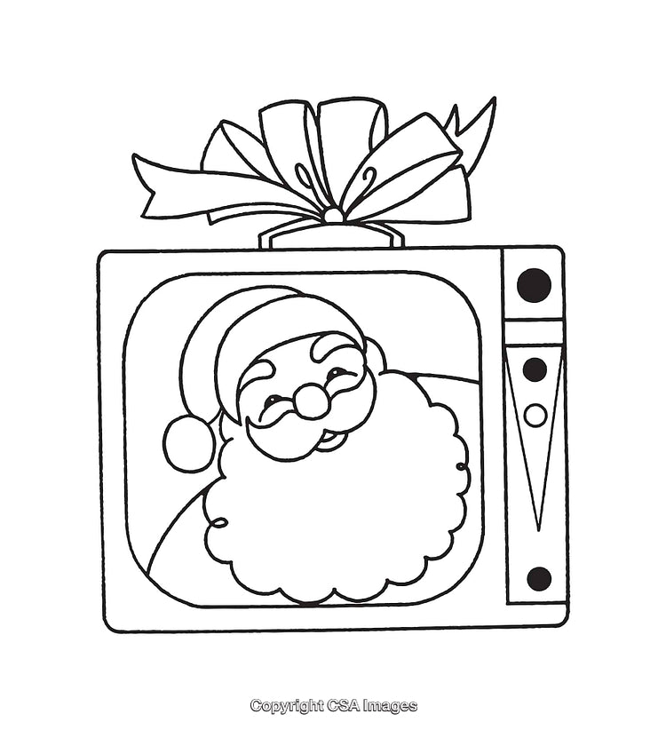 Santa Claus on Television with Gift Ribbon Black and White Artwork