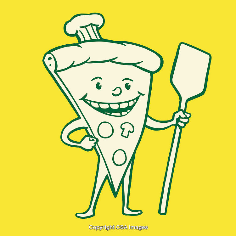 Smiling Pizza Cartoon Character with Chef Hat Holding a Spatula