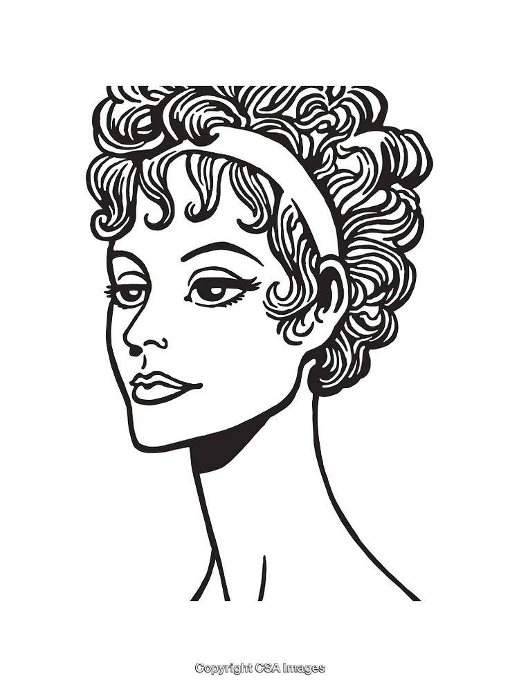 Black and White Line Art of Woman with Headband and Curly Hair