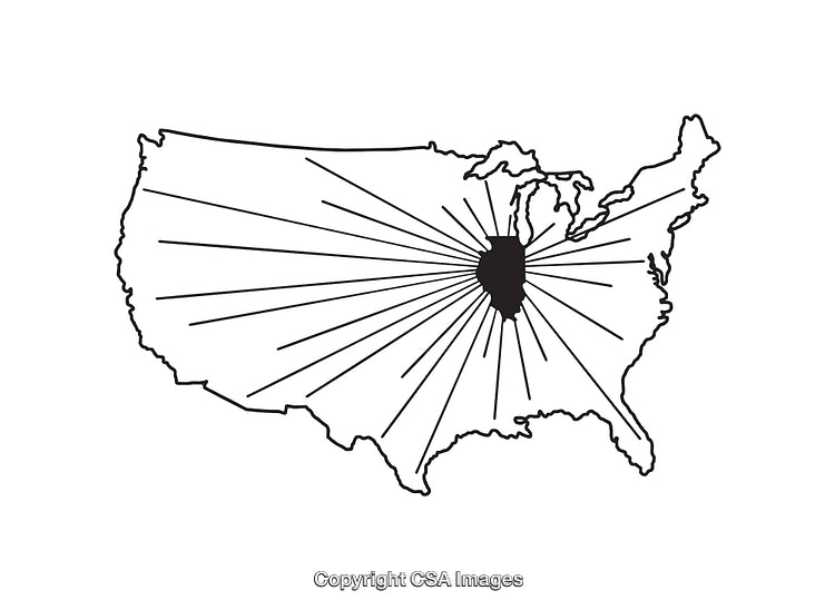 Black and White Illustration of the USA with Focus on Illinois
