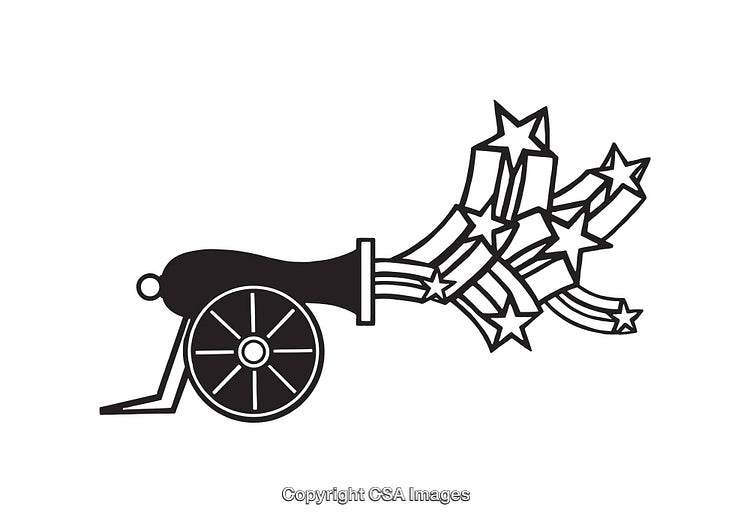 Black and White Cannon With Shooting Stars Line Art Illustration