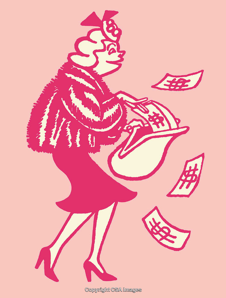 Stylized Line Art of Elegant Woman with Open Bag and Falling Money