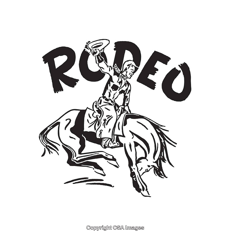 Black and White Rodeo Illustration Featuring Cowboy on Bucking Horse