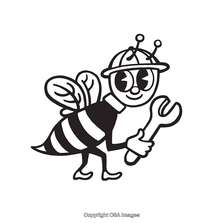 Cartoon Bee Mechanic Holding a Wrench in Black and White Line Art