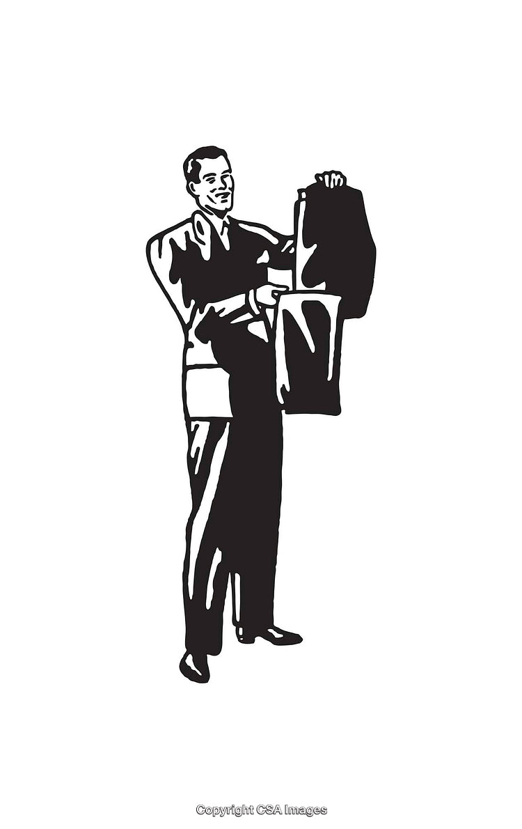 Retro Black and White Line Art of a Smiling Businessman Displaying Products