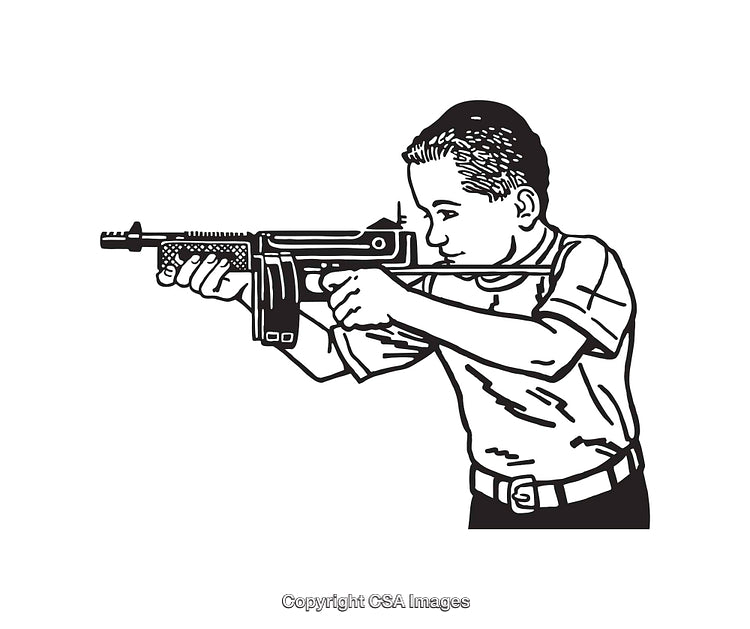 Illustration of a Young Boy Holding a Gun in Black and White Art