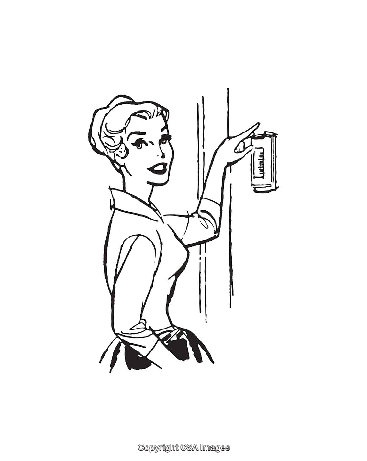 Retro Style Woman Using Household Spray in Classic Line Art Illustration