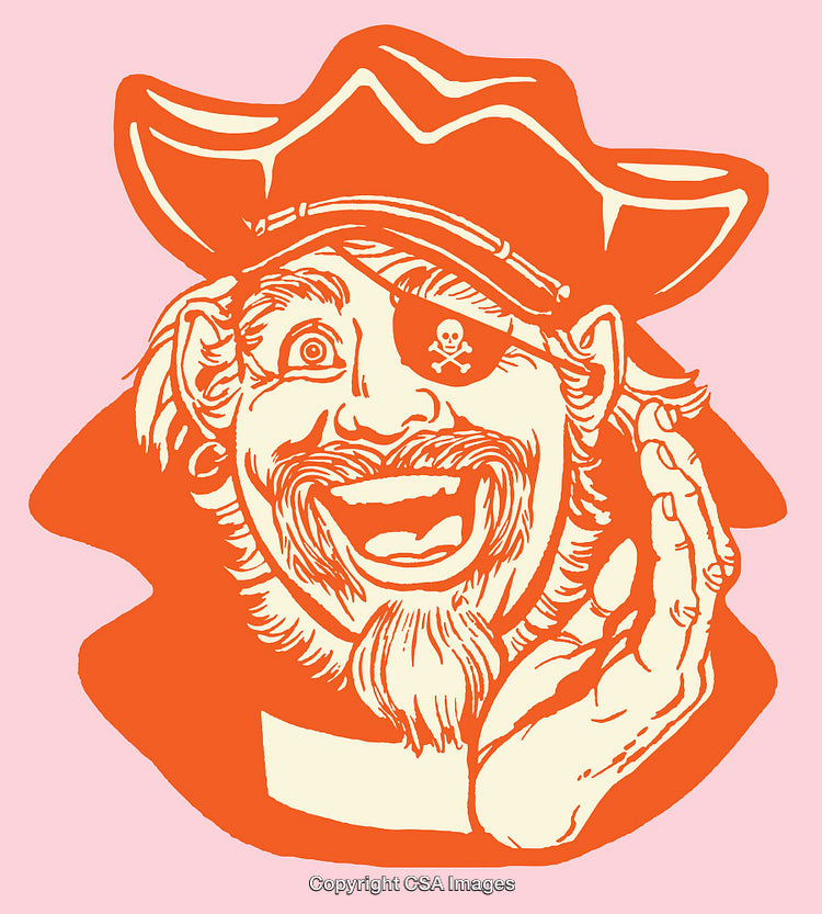 Cheerful Pirate Illustration With Hat and Eyepatch in Orange Line Art
