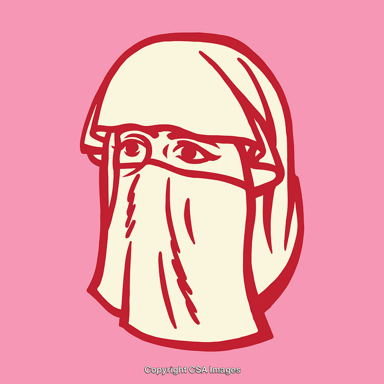 Stylized Illustration of a Veiled Figure on a Pink Background