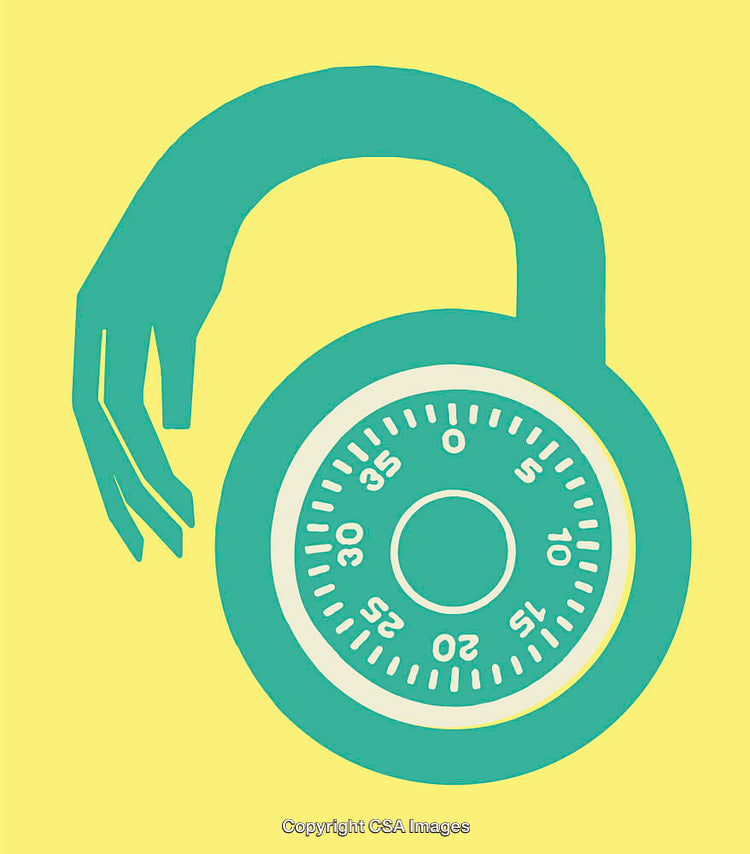 Surreal Illustration of a Hand and Combination Lock in Green