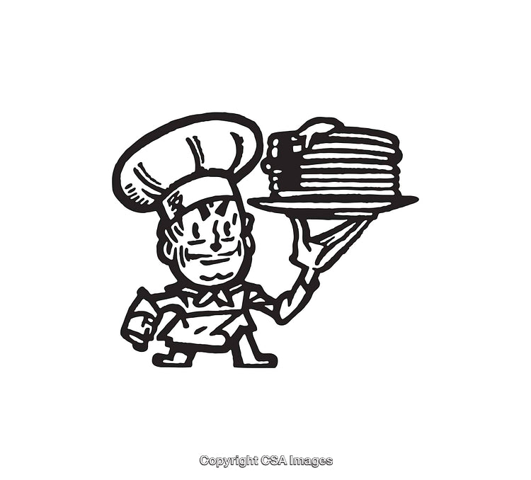 Cartoon Chef Holding a Pancake Stack on a Serving Plate Illustration