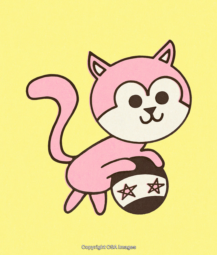 Cute Cartoon Pink Cat Holding a Star-Decorated Ball on a Yellow Background