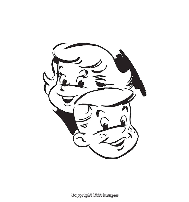 Vintage Black And White Line Art With Happy Cartoon Characters