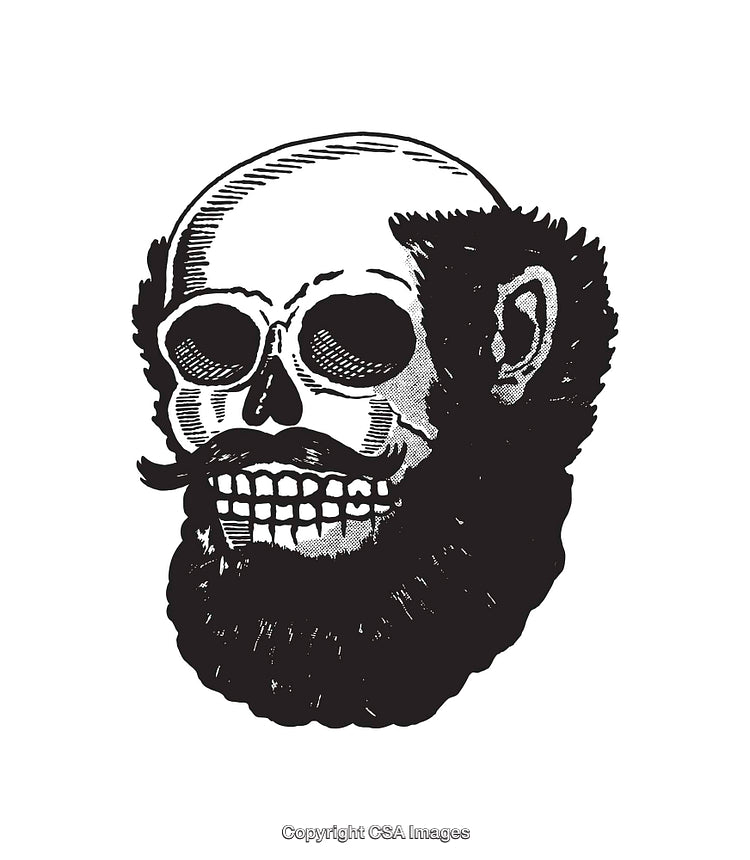 Intricate Black and White Illustration of a Skull With Beard and Mustache
