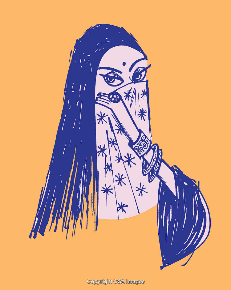 Elegant Blue Line Art of a Veiled Woman Symbolizing Grace and Enigma