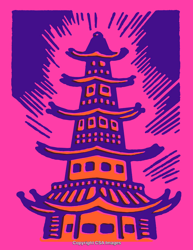 Vibrant Illustration of a Pagoda Structure in Bold Colors