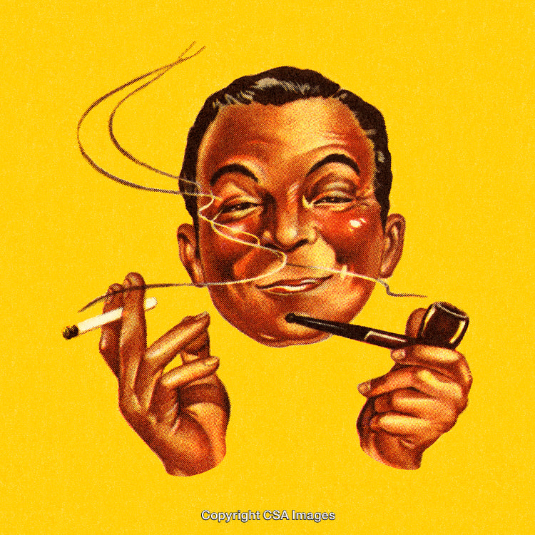 Vintage Illustration of a Man Smiling While Smoking a Cigarette and Pipe