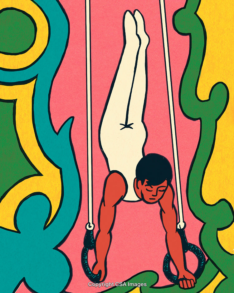 Illustration of Athlete Performing on Gymnastic Rings with Vibrant Background