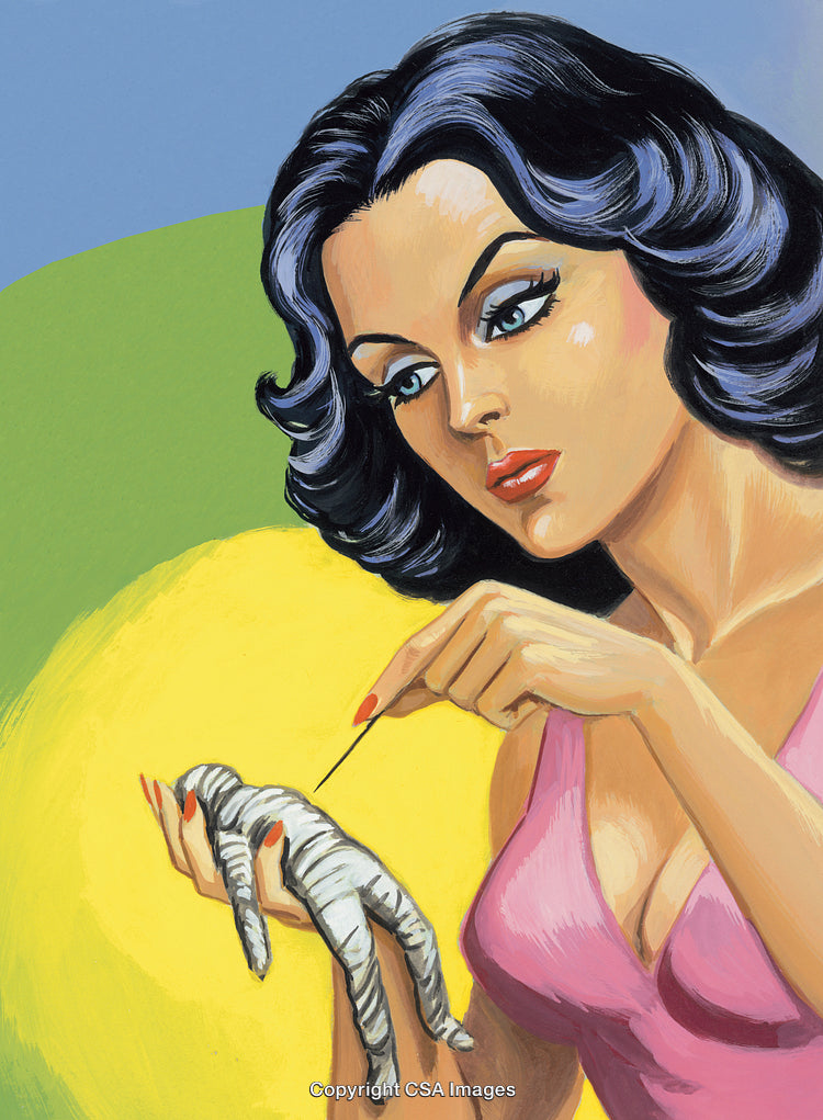 Woman Concentrating on Voodoo Doll with Intense Focus in Stylized Artwork