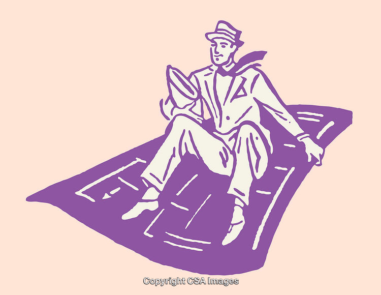 Illustration of a Man Sitting on a Flying Carpet in Purple
