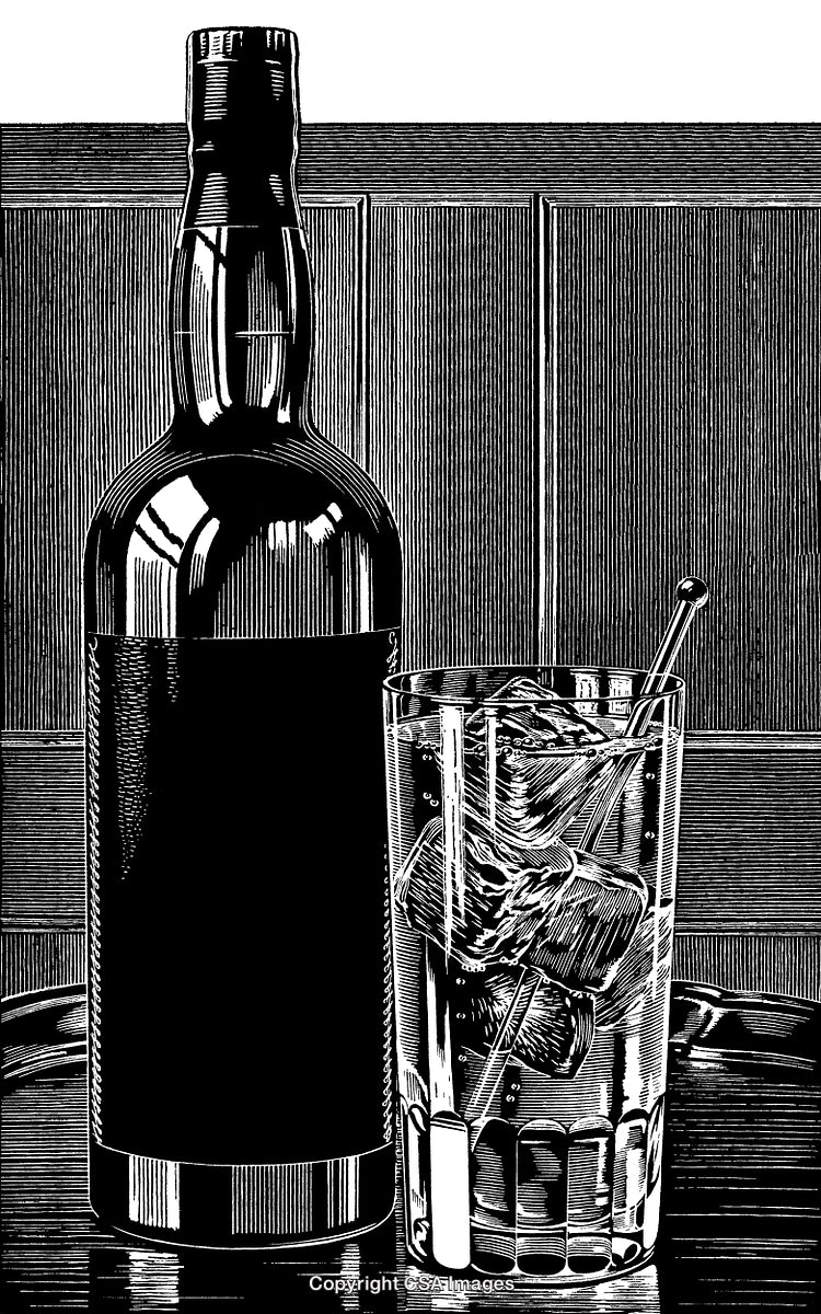 Elegant Black and White Beverage Illustration Featuring Bottle and Glass with Ice
