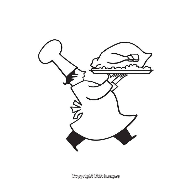 Chef Carrying a Turkey Dish in Black and White Line Art Illustration