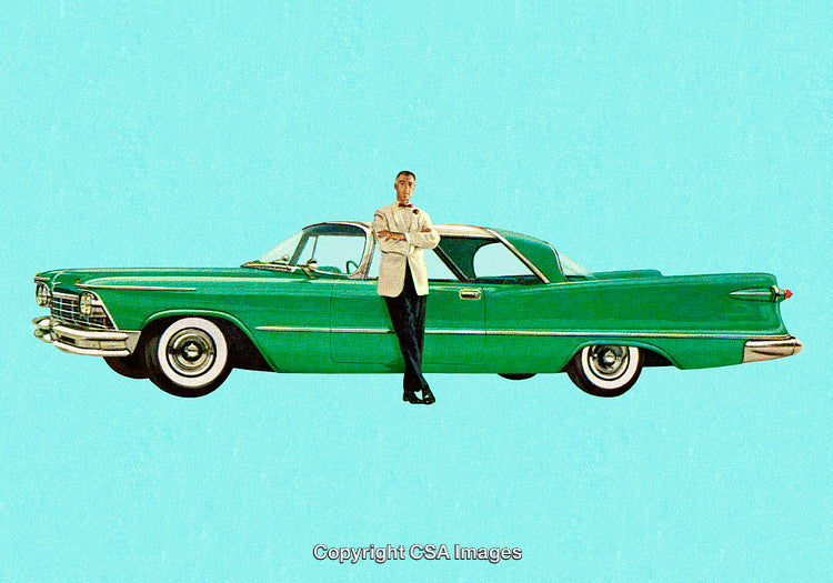 Vintage Green Retro Car With Gentleman Posed Against Turquoise Background