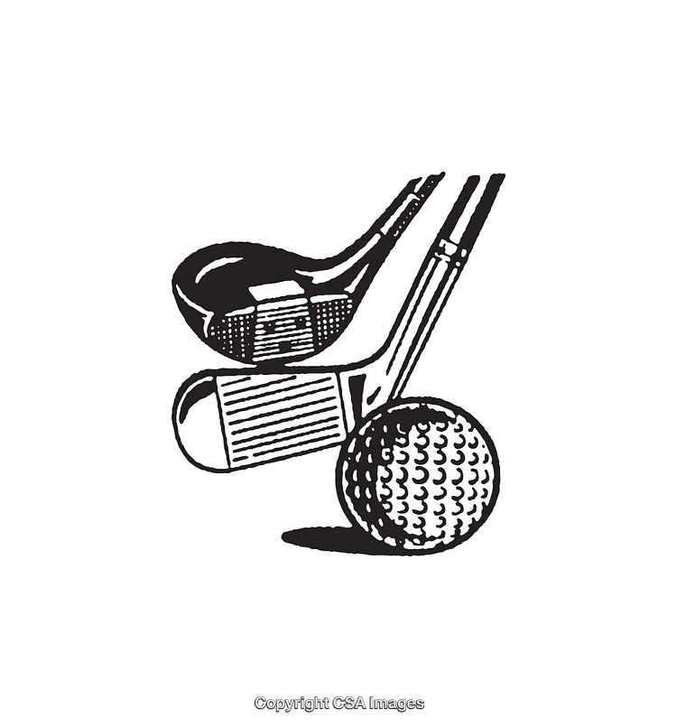 Black and White Line Art Golf Clubs and Ball Illustration