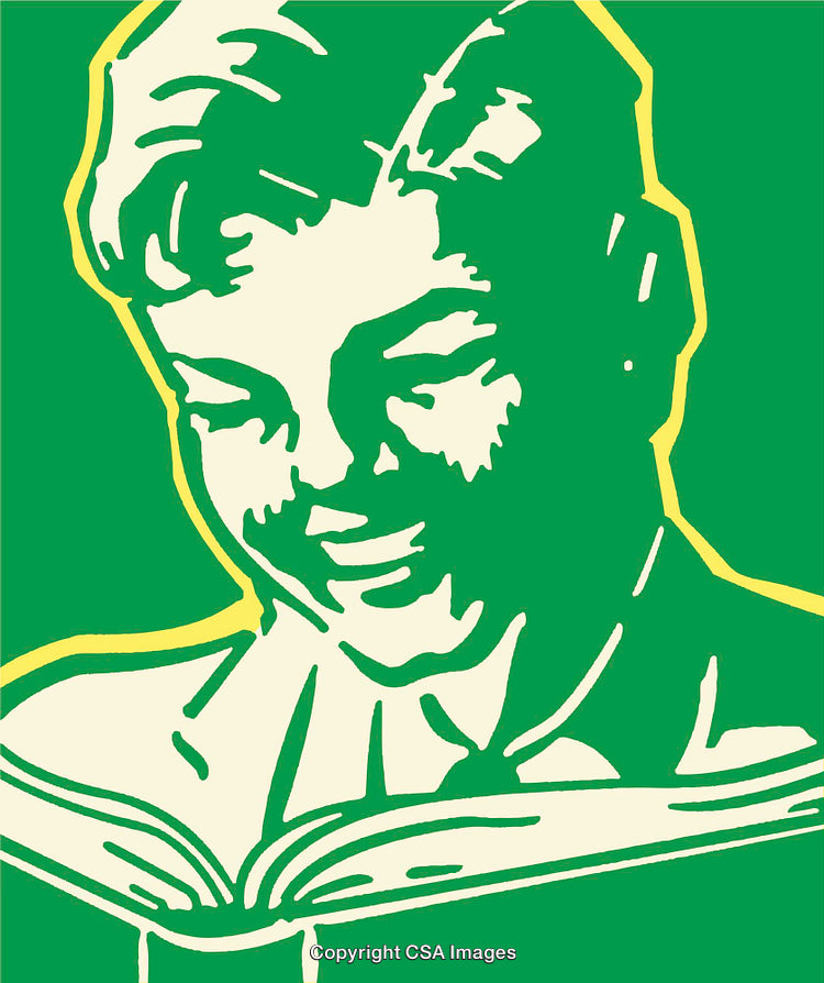 Retro Illustration of a Smiling Boy Reading a Book in Green and Yellow