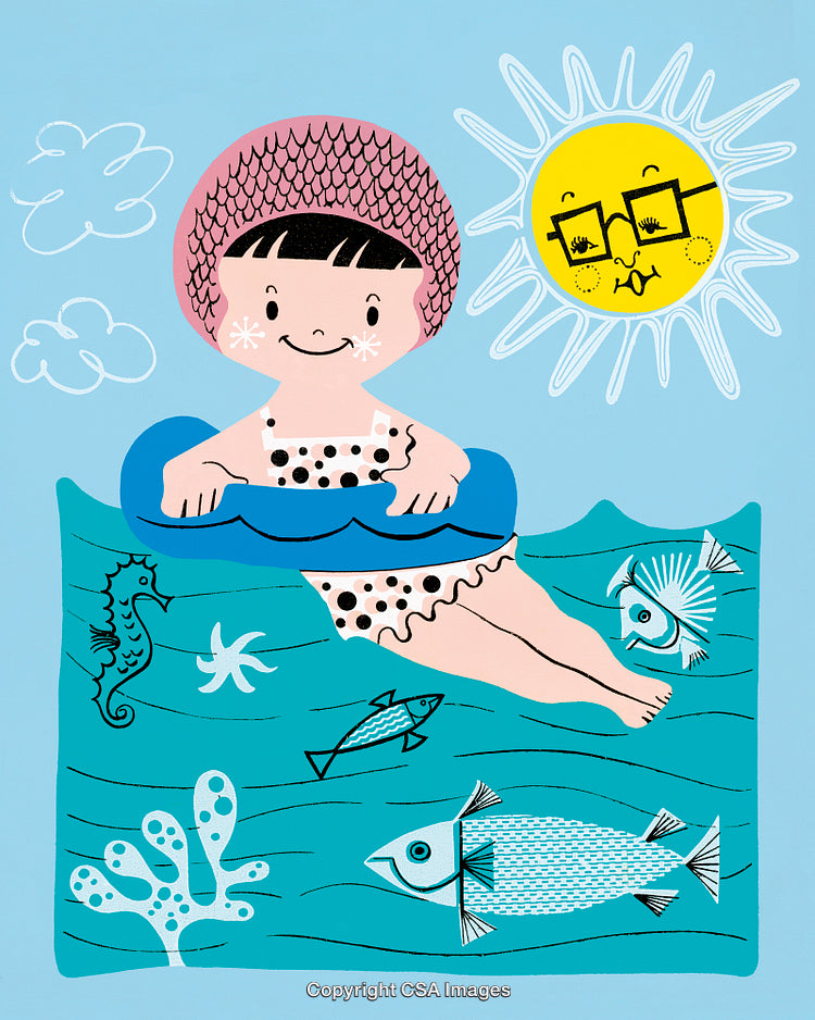 Illustration of a Child Swimming in Blue Waters Under Sunny Sky