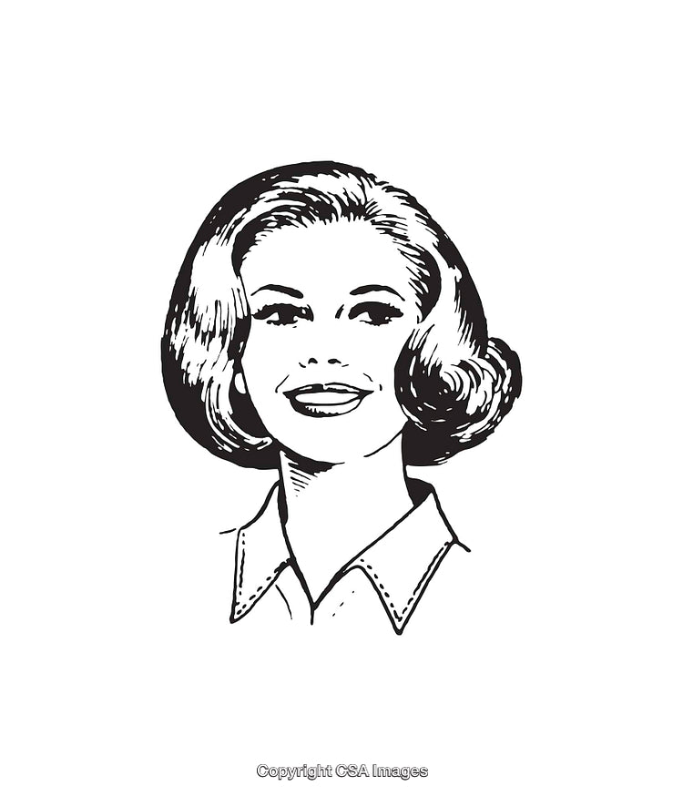 Retro Styled Black and White Line Art of a Smiling Woman
