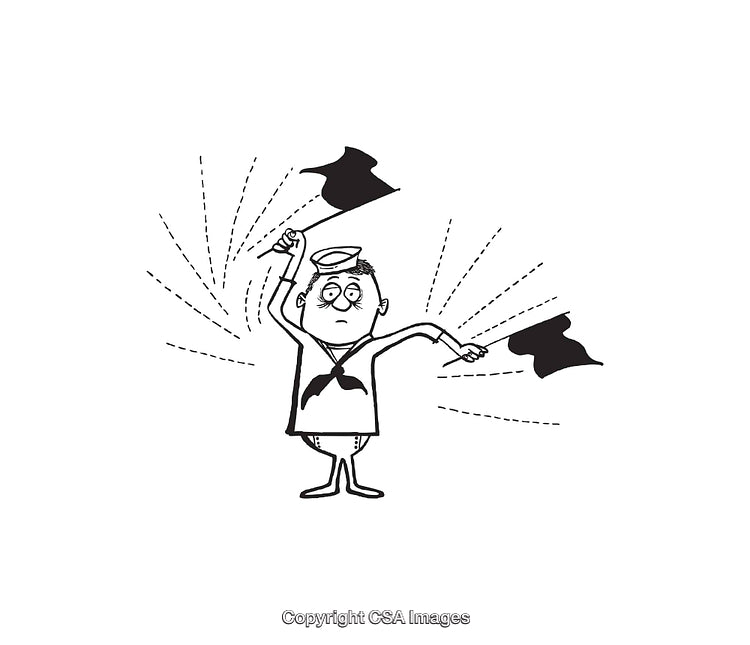 Cartoon Sailor Using Semaphore Flags in Black and White Line Art Style