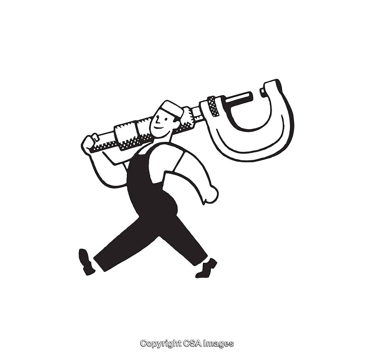 Black and White Illustration of Worker Carrying a Large Caliper Tool