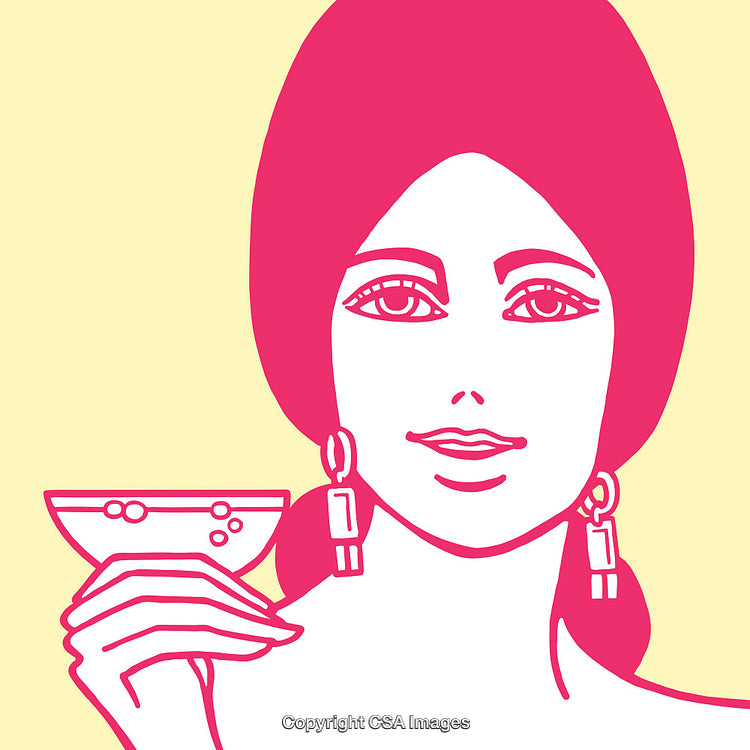 Color Illustrated Woman Holding Drink with Chic Style and Earrings